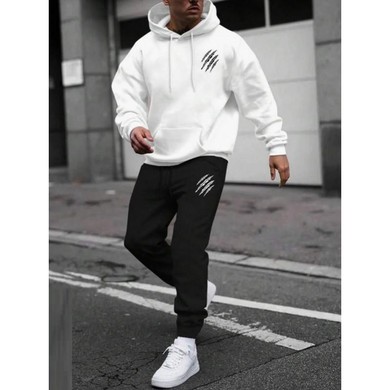 Mens Winter Hooded Sweatshirt Pants Set With Animal Paw Print Sporty Casual Streetwear