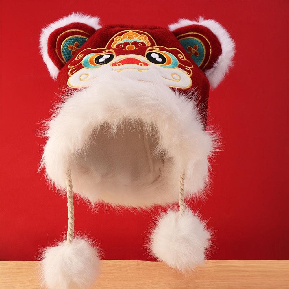 Chinese Style Children's Lion Dance Hat Ear Muffs Winter Warm Hat New Year Red Cap  Female/Girls
