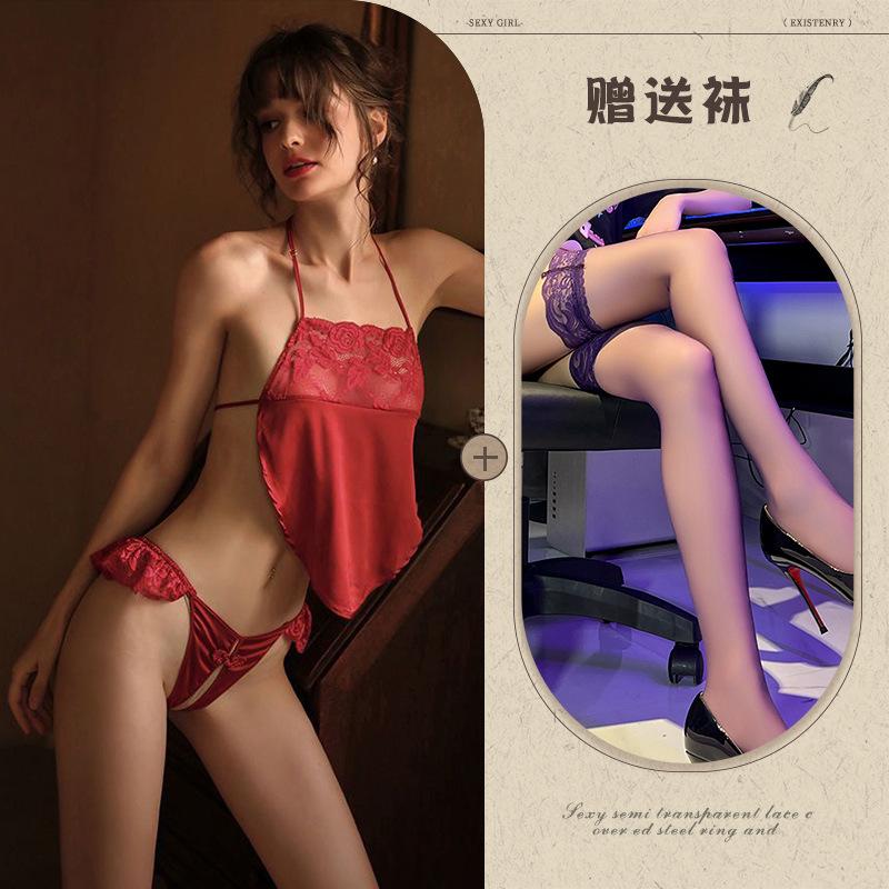 Sex lingerie sexy retro lace seduction belly pocket open crotch lace-up set