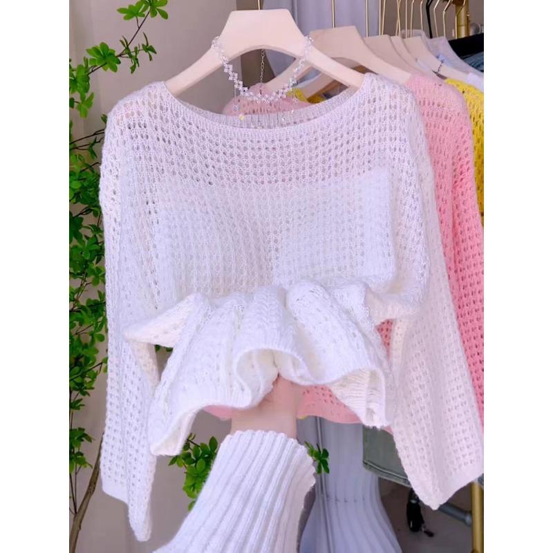 Spring and summer new hollow thin crew neck knitted sweater top loose lazy wind sunscreen blouse pullover woman