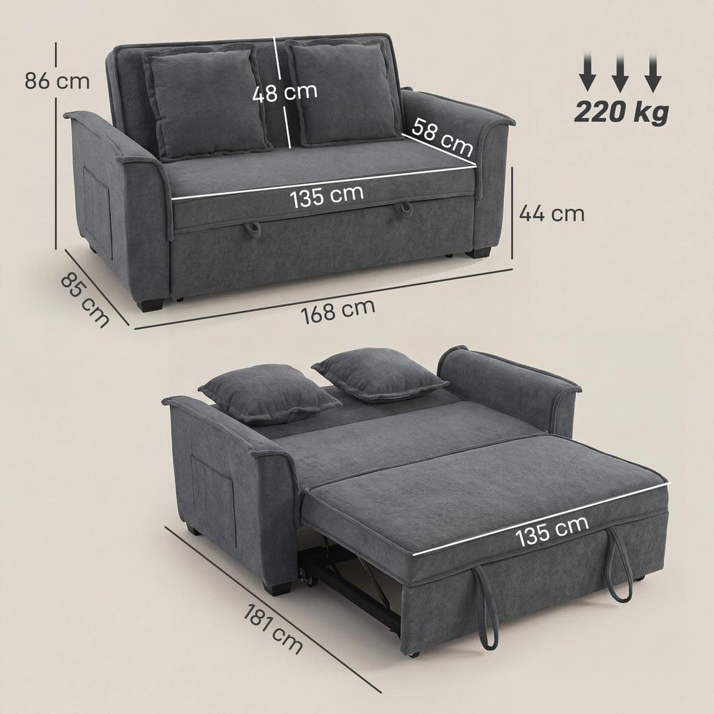 Futon Sleeper Sofa, Adjustable Backrest, 2-Seater with 2 Cushions, Dark Grey