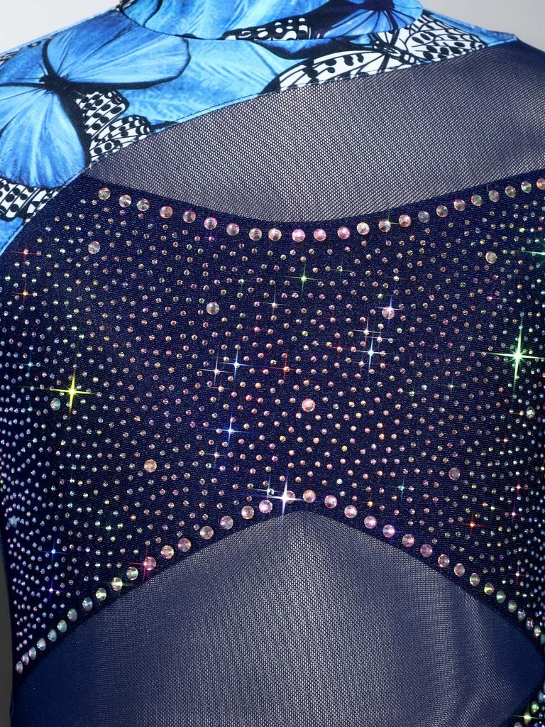 Kids Girls Performance Leotard: Long Sleeve Mock Neck with Mesh Patchwork & Butterfly Print Rhinestone Bodysuit Back Zipper