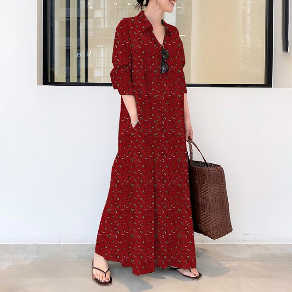 Women's Cotton Linen Printed Lapel Long Sleeve Plug Pocket Loose Casual Long Shirt Dresses