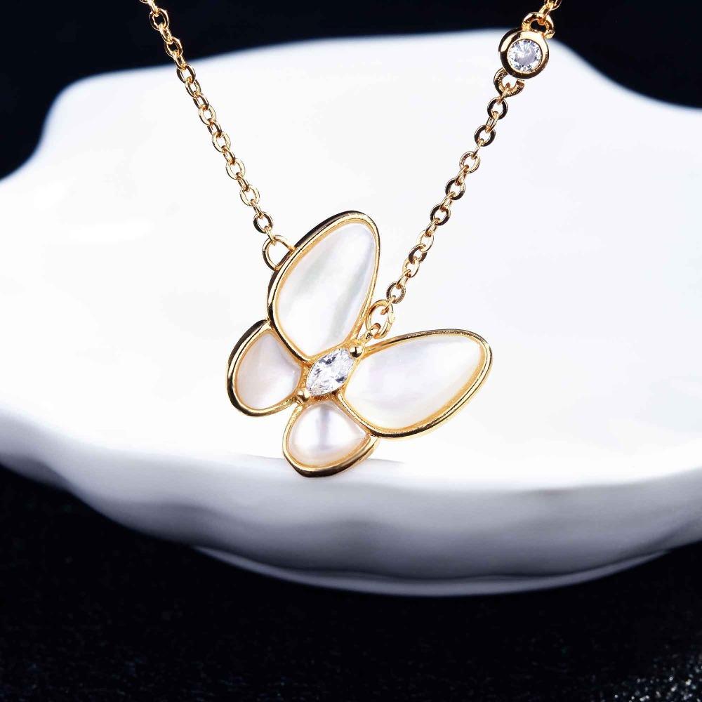 24k Gold Plated Natural Mother of Pearl Butterfly Necklace Vacuum Electroplated Shell Pendant
