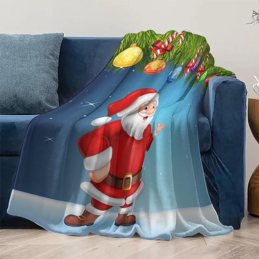 TU Festive Santa Throw Blanket Cozy Christmas Decor Reversible Flannel Fleece Blanket Holiday Gift Home Accent Throw