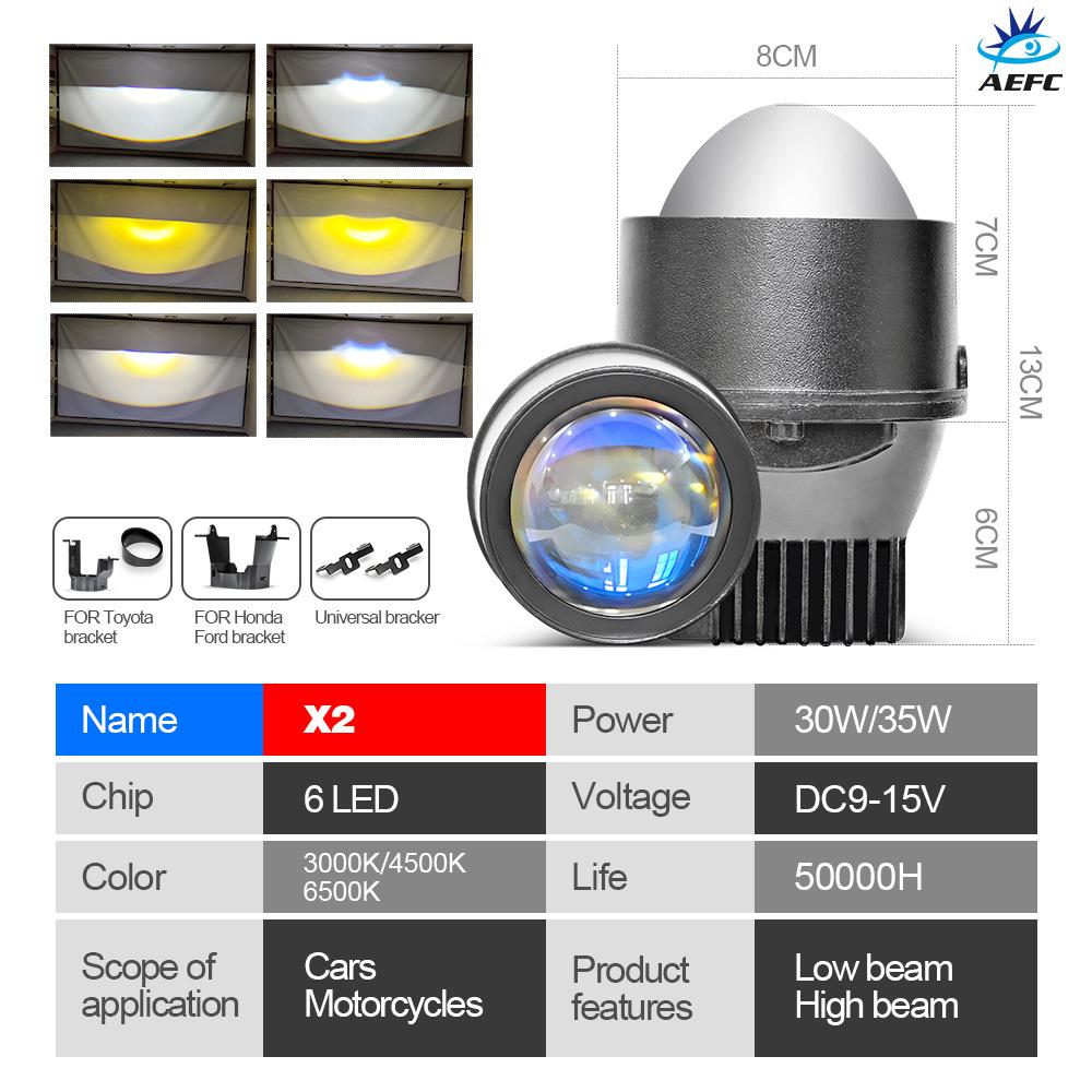 Car LED Fog Light, Bifocal Lens 3 Inches, Three-color LED Light 30-85W Double Direct Laser Fog Light Waterproof