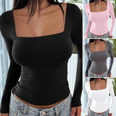 2025 New Square Neck Long-sleeved Pullover Spring Autumn Women Casual Tight Fashion Tops