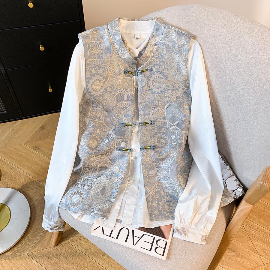 

Elegant Chinese Stand Collar Embroidered Jacquard Satin Vest for Women XL