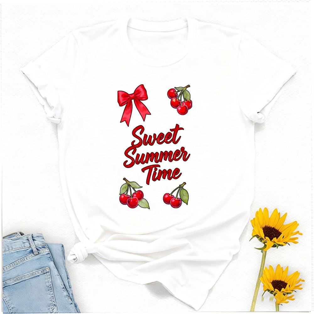 Red Cherry Bow Crew Neck Short Sleeve Tshirt Sweet Summer Time Retro Fruit Design Funny Outdoors High Quality Cotton Shortsleev