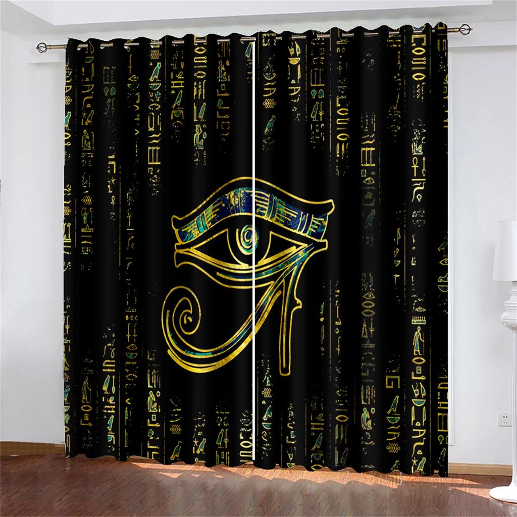 Ancient Egypt Eyes African Pharaoh Lion Black Gold Light Filtering Window Drapes For Living Space Bedroom Space Window Drape Decor