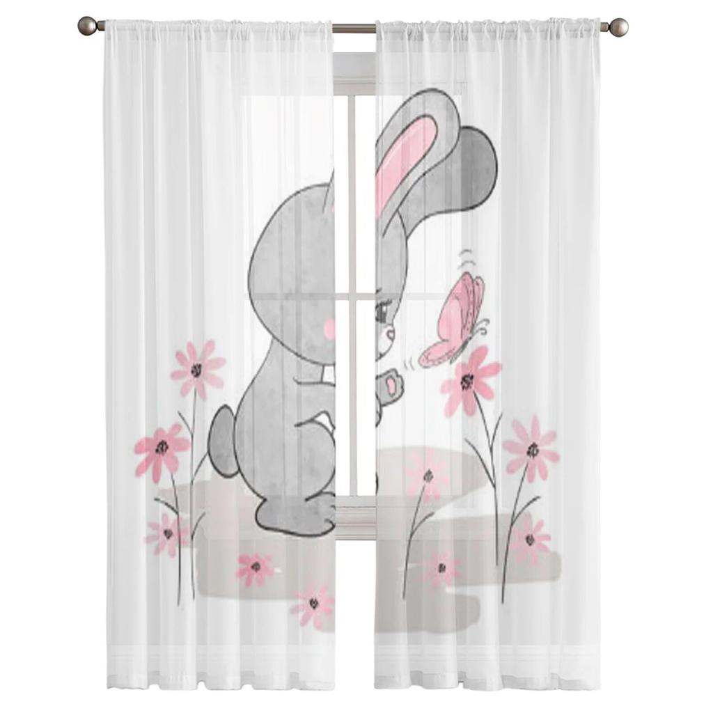 Cute Bunny and Butterfly Sheer Window Curtains for Living Room Girl Bedroom Tulle Curtains Kitchen Veil Chiffon Drapes