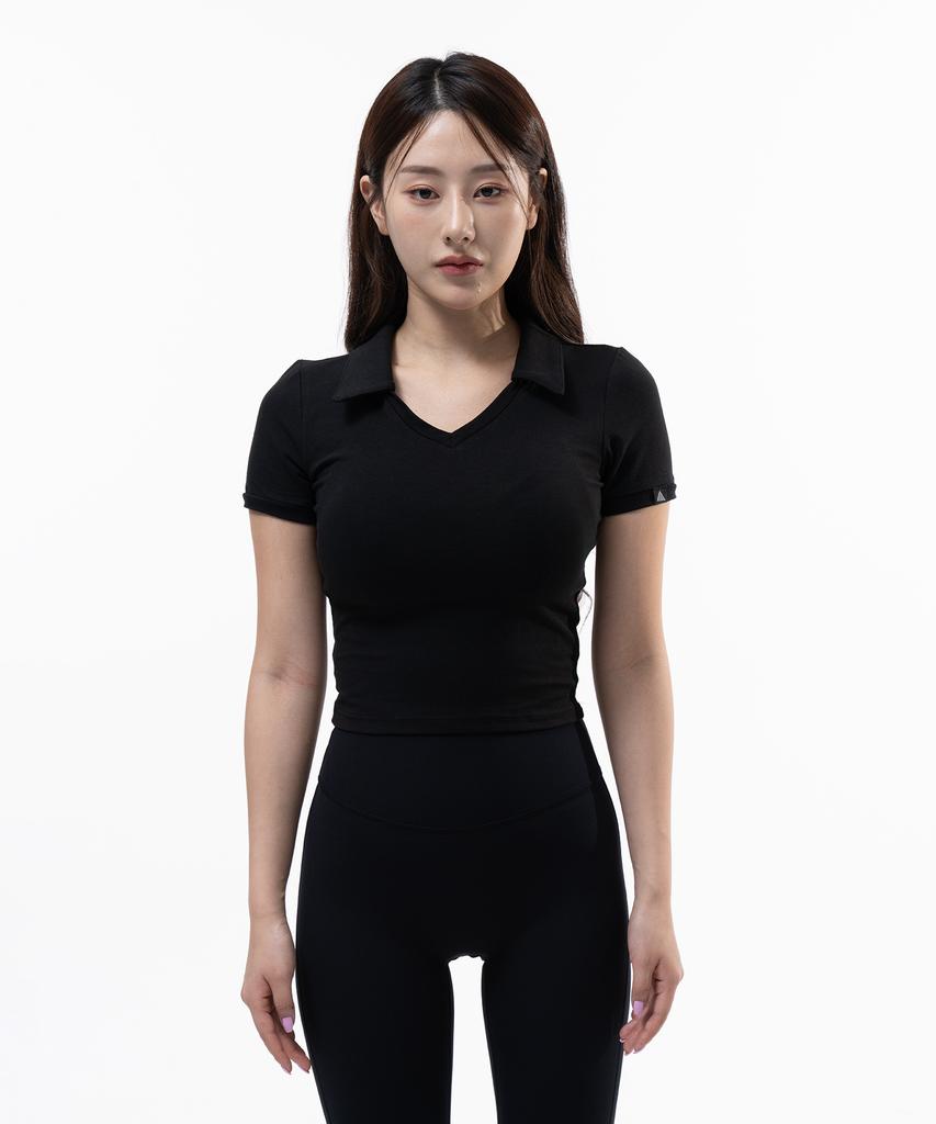Pijikeolgameoncheu P5018 Women'S Modal Spandex Collared Crop Short Sleeve [Black]