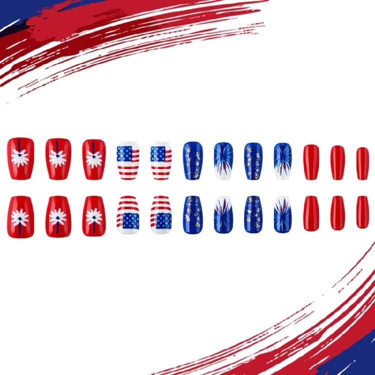 Unghia Finta Quadrata French Tip Unghia a Pressione Copertura Totale Unghia Finta Giorno dell'Indipendenza Unghia da Incollare Unghia Finta Patriottica