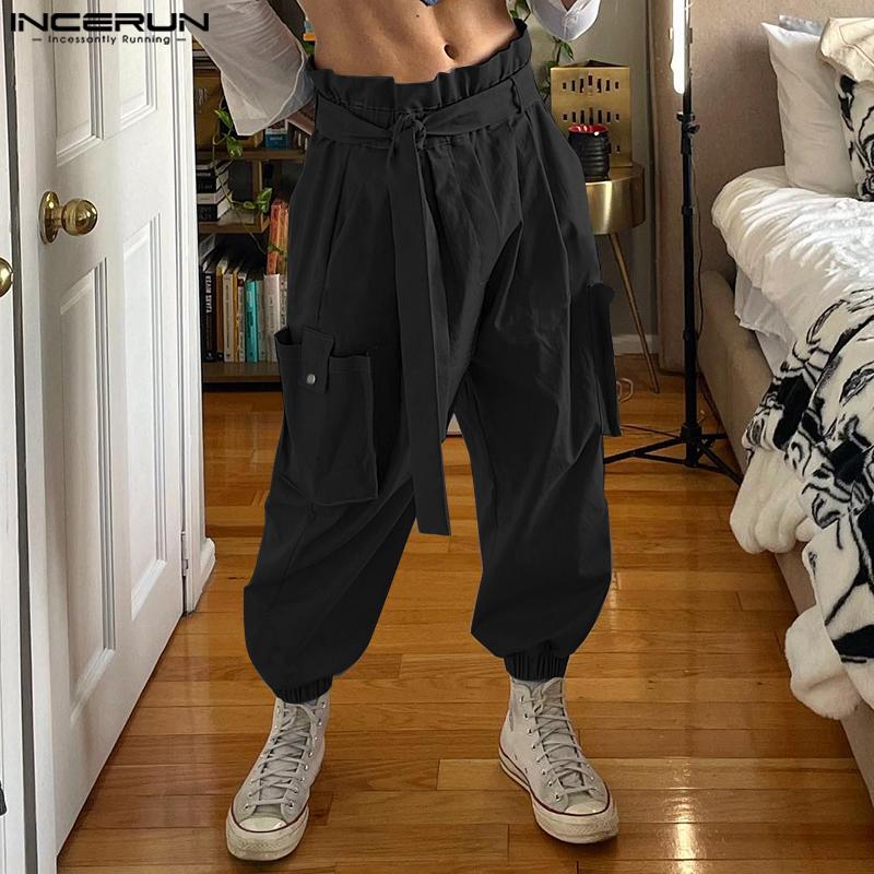 INCERUN Men Bandge Elastic High Waist Pocket Joggers Cargo Pants