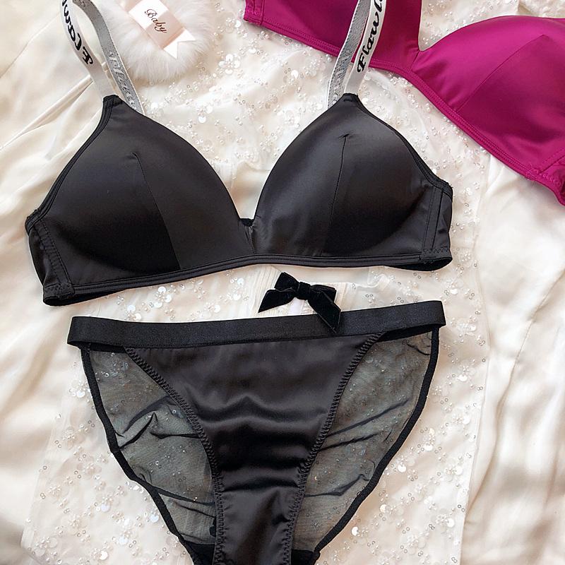 Ice Silk Comfort Underwear Set Women Sexy Deep V Push Up Bra Set Shoulder Strap Letters Adjustable Brassiere and Lace Panties