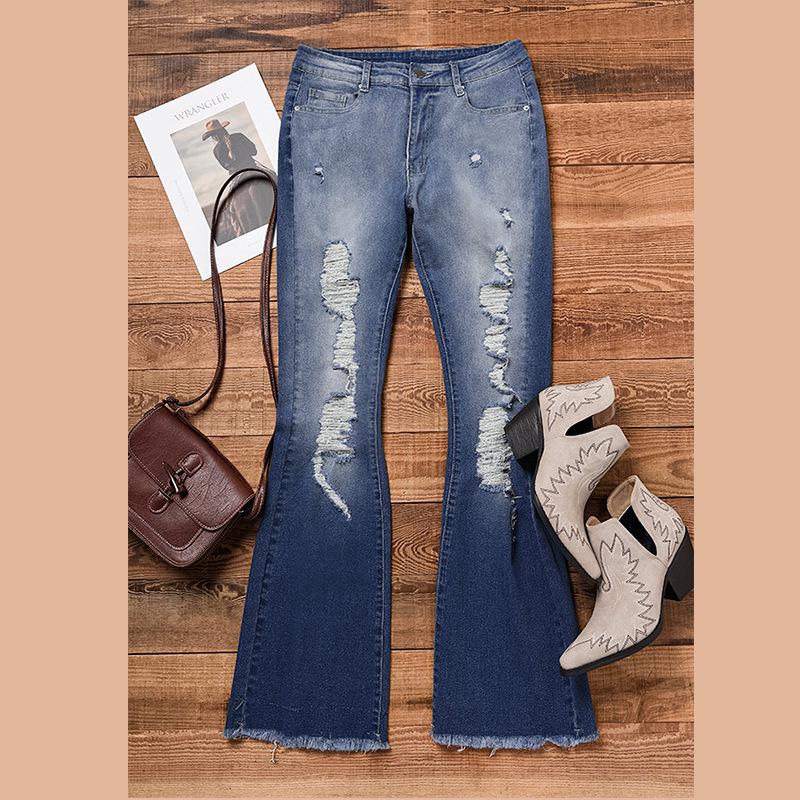European & American Women's High Waist Slimming Flare Jeans - 2025 New Style, Comfortable Ripped Stretch Denim