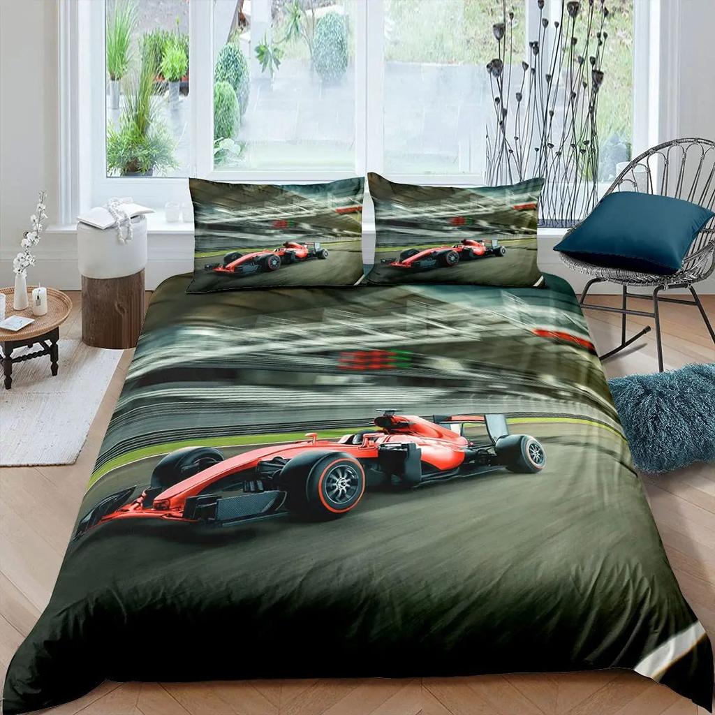 3D Rennsport Daunendecken-Set Groß Jungen Schlafzimmer Steppdecken-Set Dreiteiliges Set