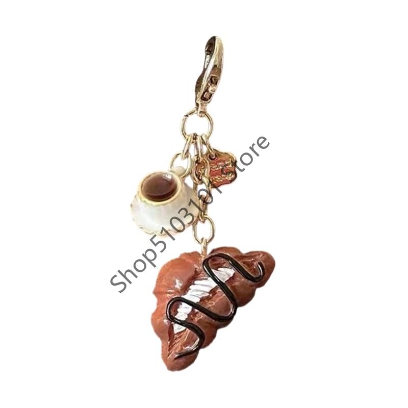 

Creative Croissant and Coffee Design Keychain Cute Cake Bag Pendant Keyrings Kawaii Mini Resin Food Series Car Keys Accessorie
