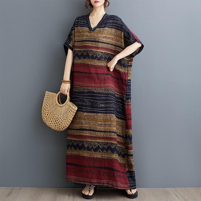 Real summer new thin cotton and linen V-neck literary loose large size simple holiday style long dress women