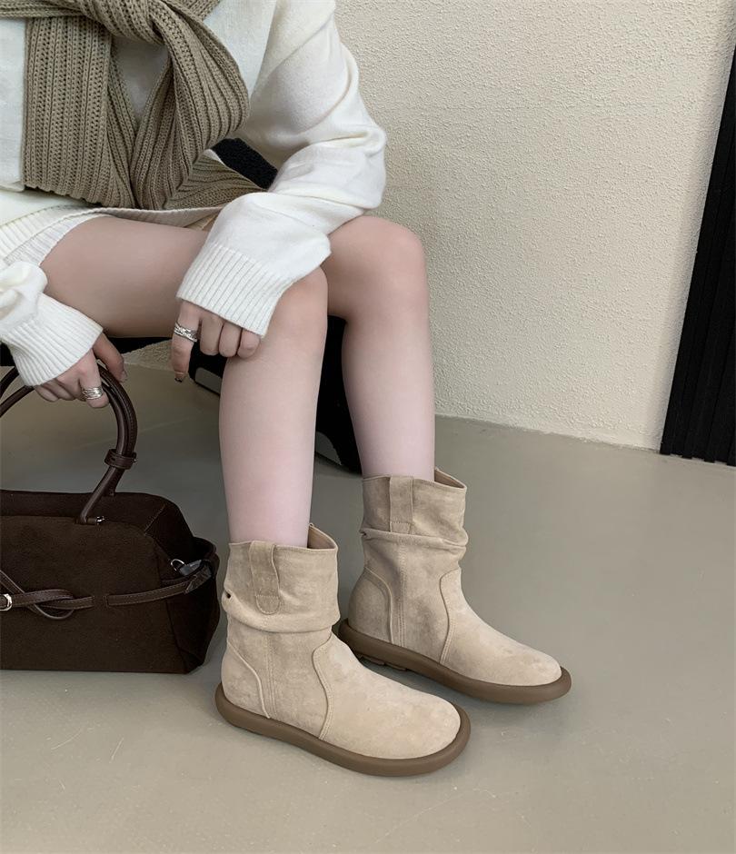 2025 autumn new retro versatile flat-bottomed western short boots lazy wind sleeve round head stacking boots
