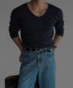 Baulopeulodeogteu Fine Ribbed V-Neck Long Sleeve Knit Tee [Navy]