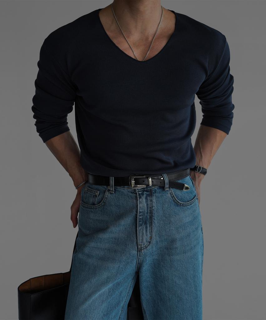 Baulopeulodeogteu Fine Ribbed V-Neck Long Sleeve Knit Tee [Navy]