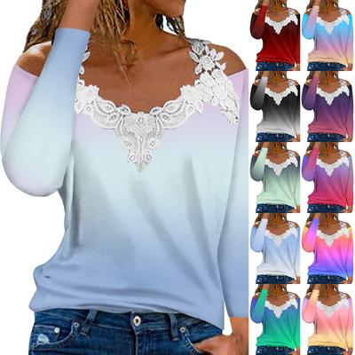 Fashionable Lace V-neck Pullover Long Sleeve Gradient Print Top  Casual T-shirt