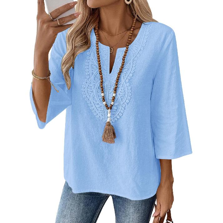 2026 Spring/Summer Bohemian Style Women's Linen Lace Trim V-Neck Three-Quarter Sleeve Casual Blouse