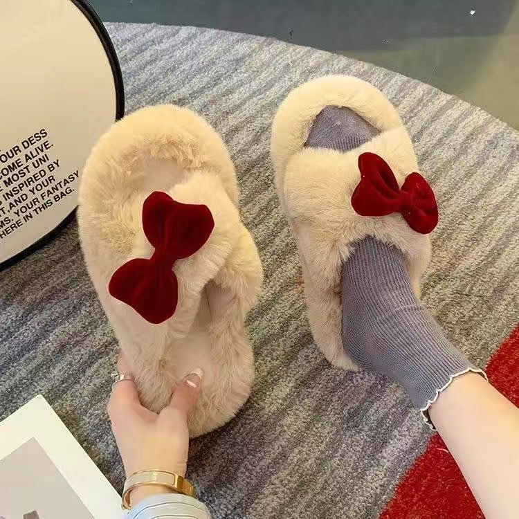 Fairy Wind Bow Hair Slippers Female Wear Superior Sense 2025 New Autumn and Winter Student Dormitory Office Cotton Flops