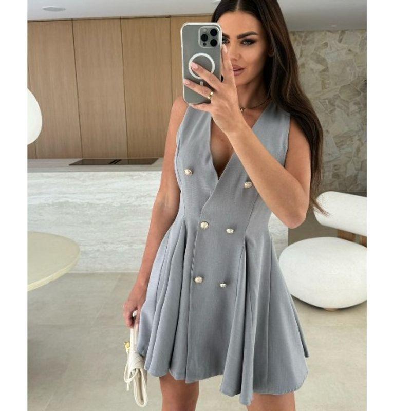 Summer New European and American Fashion Commuter Ol Deep V-neck Double Breasted A Word Sleeveless Vest Dress Skirt DRESS