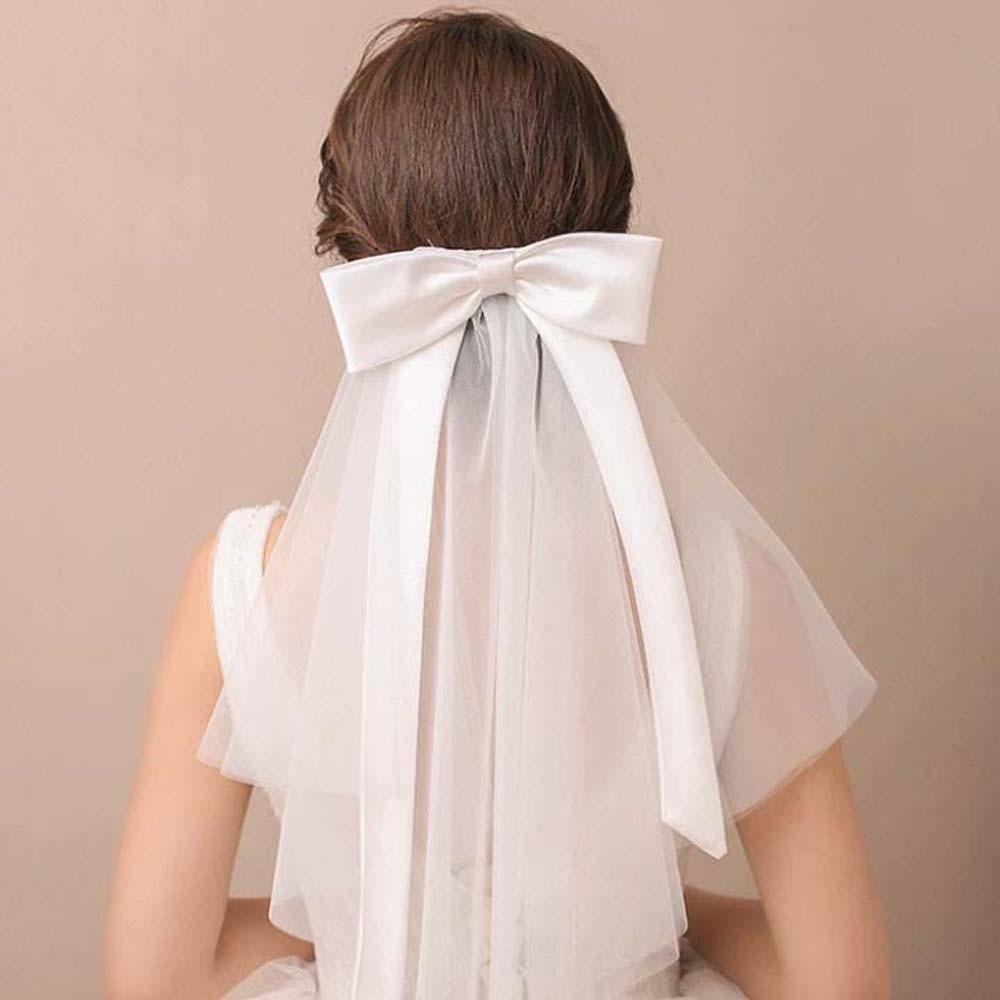 Single Layer Bride's White Headgear Romantic Bridal Headdress Elegant Long Satin Bow Veil  Wedding