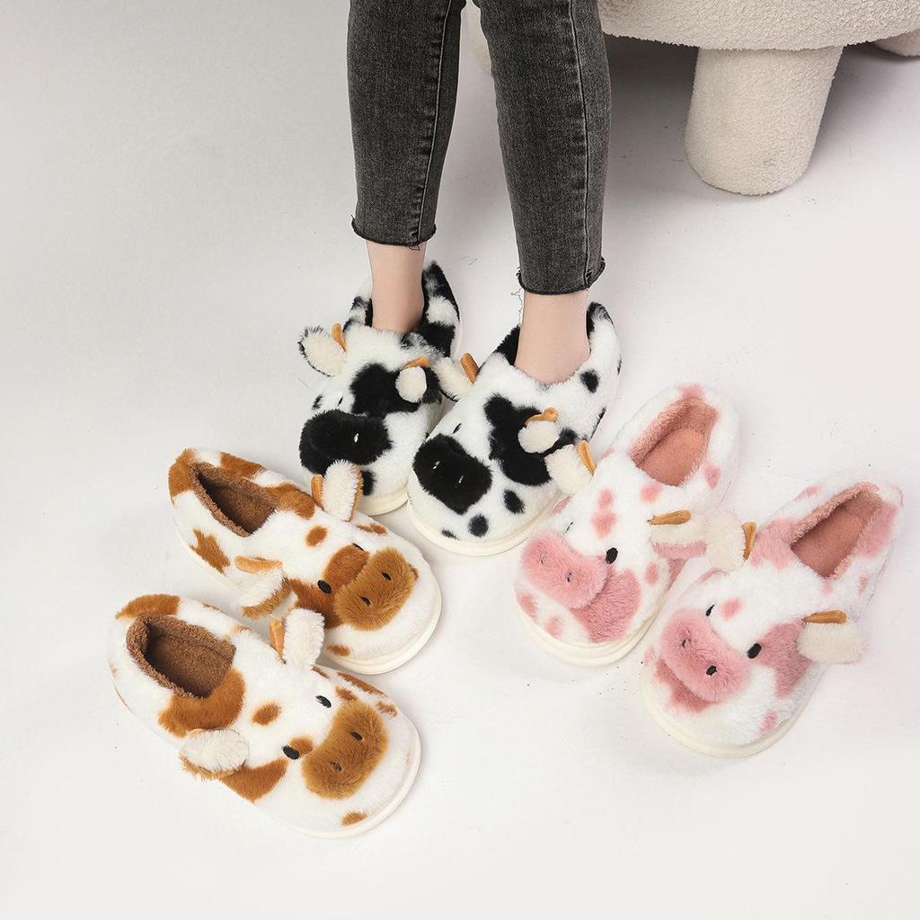 Cartoon Cow Furry Slippers with Thickened Heel, Warm Non-Slip Indoor Winter Clogs