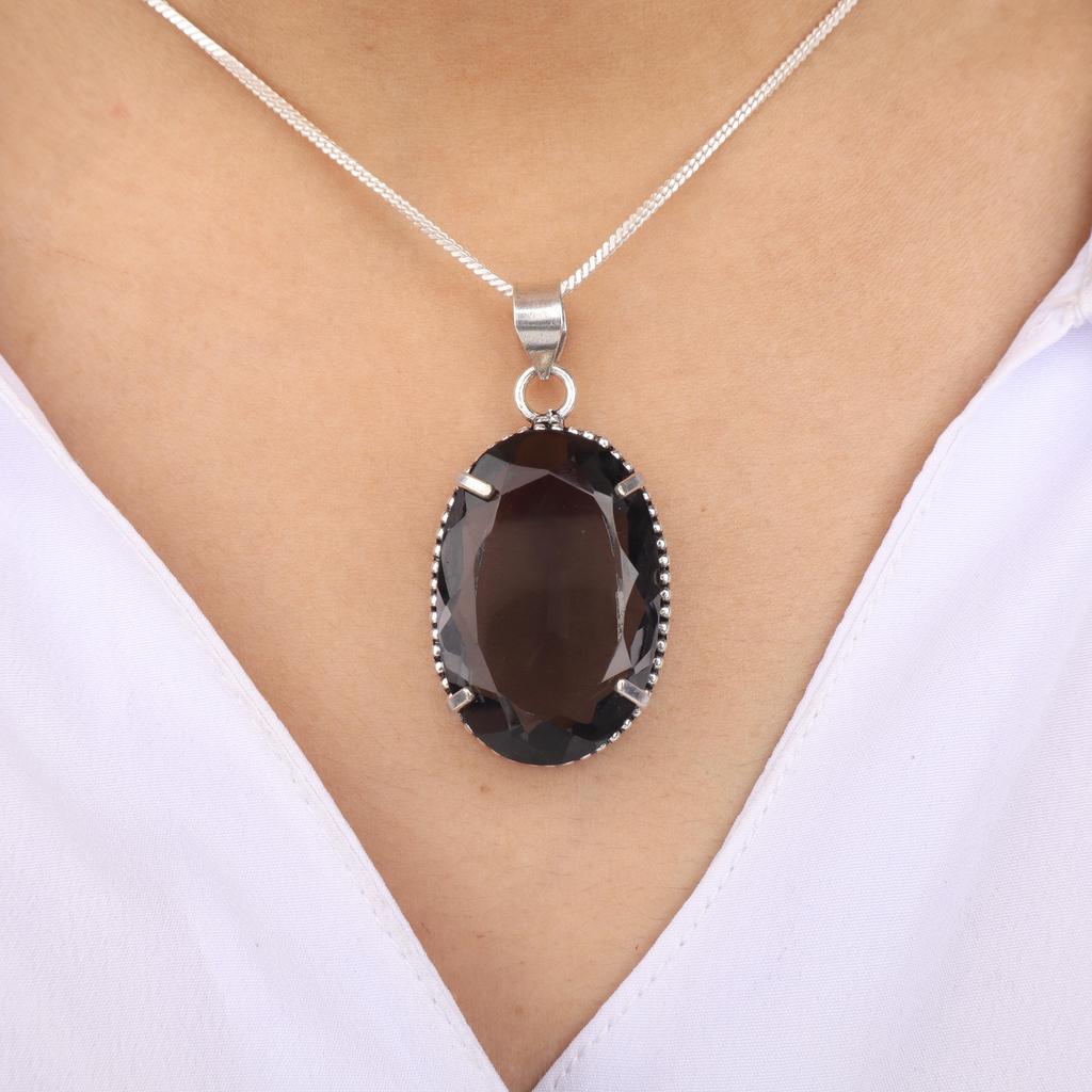 Grey Quartz Gemstone Silver Pendant 1.75" , 925 Sterling Silver Handmade Jewelry, Elegant Pendant For Anniversary Gift PP-63-13