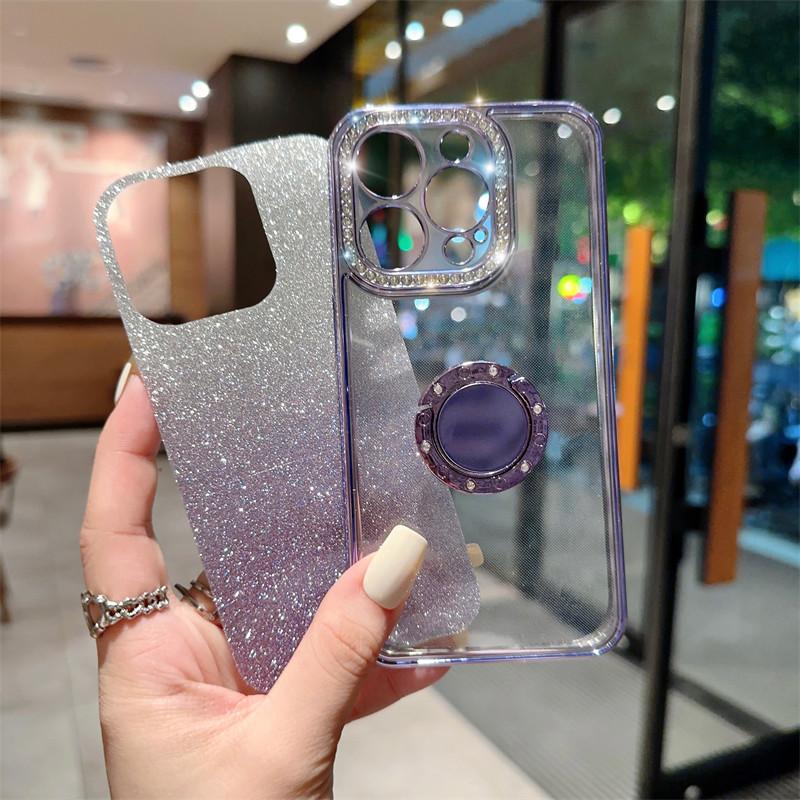 Gradient Glitter Ring Holder Phone Case For Iphone 14 13 12 11 Pro Max Xs Max Xr 14plus Shining Plating Cover Shockproof Clear