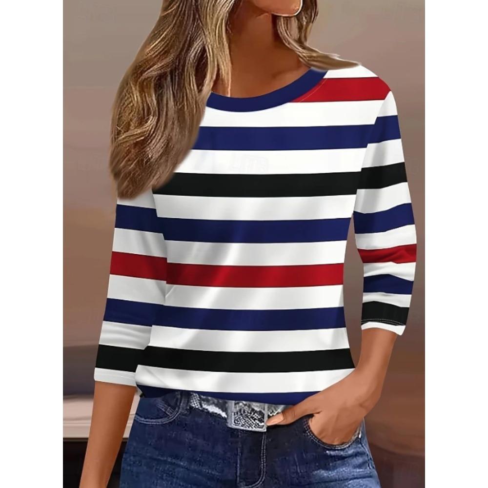 Tops for Women Striped Pattern Round Neck Long Sleeve T-shirt Fall Casual Slim Pullover Women's Long Sleeve Top