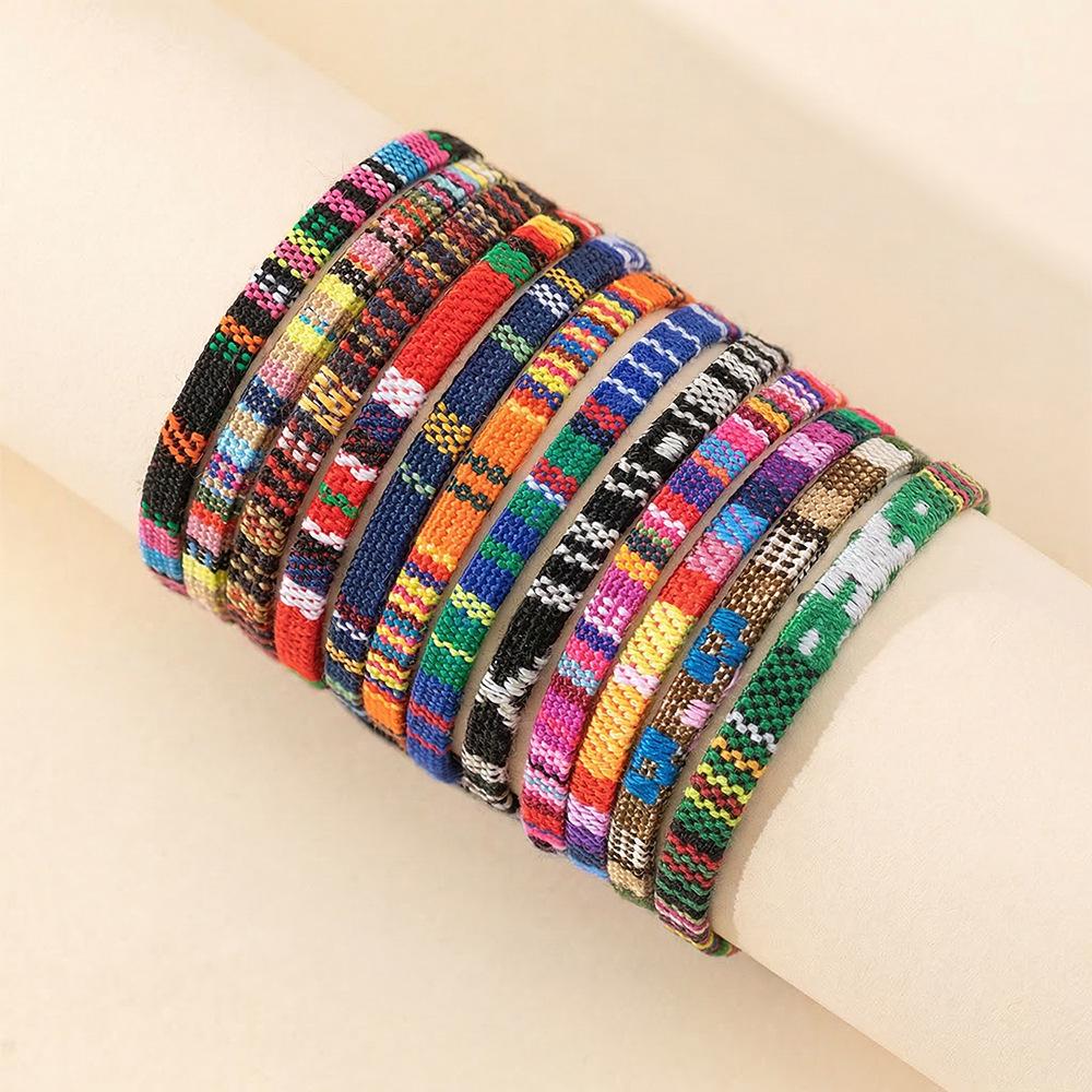 Bracelet Tissé Coloré en Coton-Lin Ajustable Fait Main