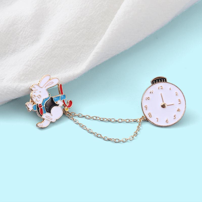 Adorable Rabbit Clock Design Badge Creative Cartoon Cute Rabbit Brooch Pin Wholesale