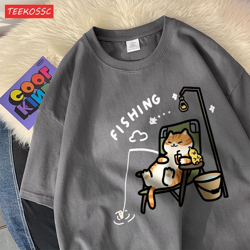 

The Kitten Is Fishingcotton Women T-Shirts Cartoons Printing T Shirts Loose O-Neck Soft Short Sleeve Tops Summer Woman Clothes 3XL