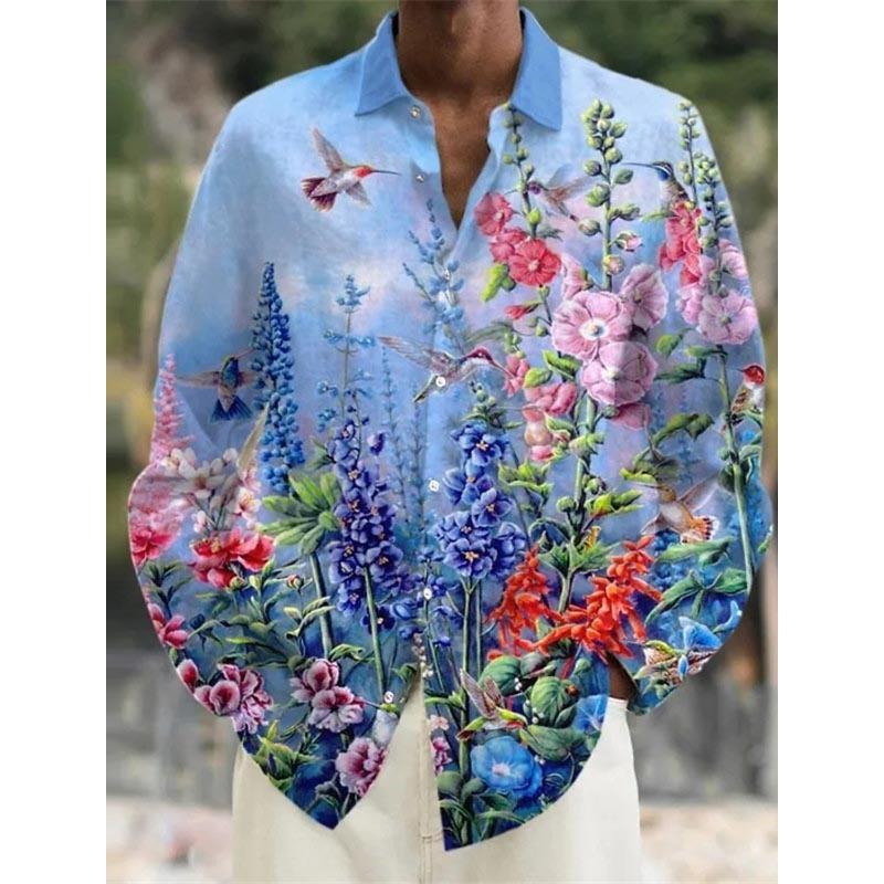 Herrenhemd Leinenhemd Blumendruck Turndown Outdoor Straße Langarm Bekleidung Leinen Mode Streetwear Designer