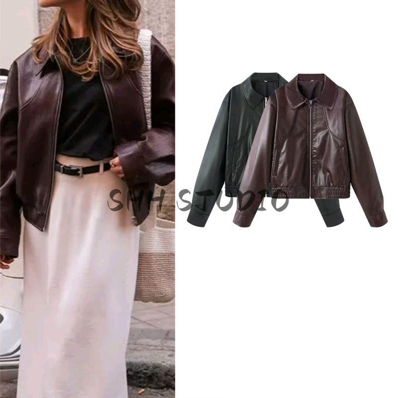 Fall New Women's Clothing American Style Locomotive Style Lapel Long Sleeves Normcore Faux Leather Loose Short Jacket Outwear
