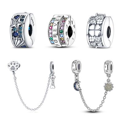 Cierre de Plata de Ley S925 Abalorios de Plata Cuentas Espaciadoras de Silicona Cadena de Seguridad Compatible con Pulsera Original Joyería Mujer Novedad