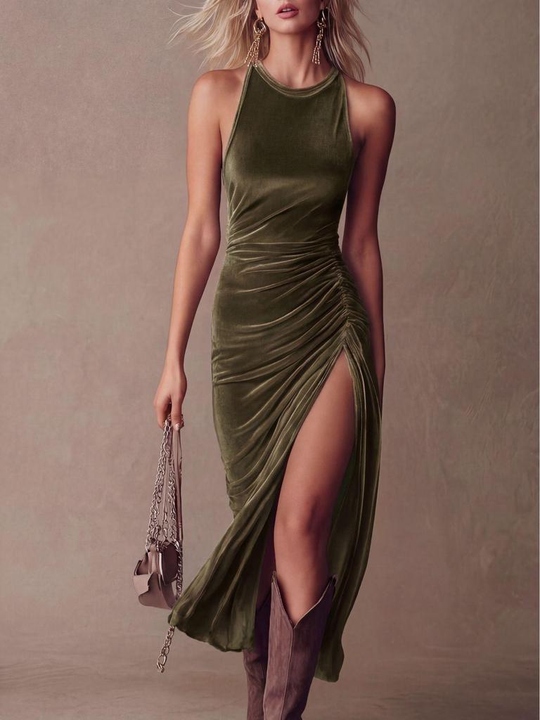 2026 Women's Solid Color Velvet High Slit Bodycon Dress - European and American Summer Fashion