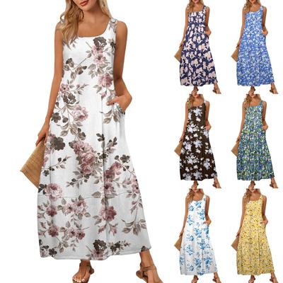 Women's Summer Fashion Round Neck Sleeveless Beach Dress Vintage Floral Printed Dresses