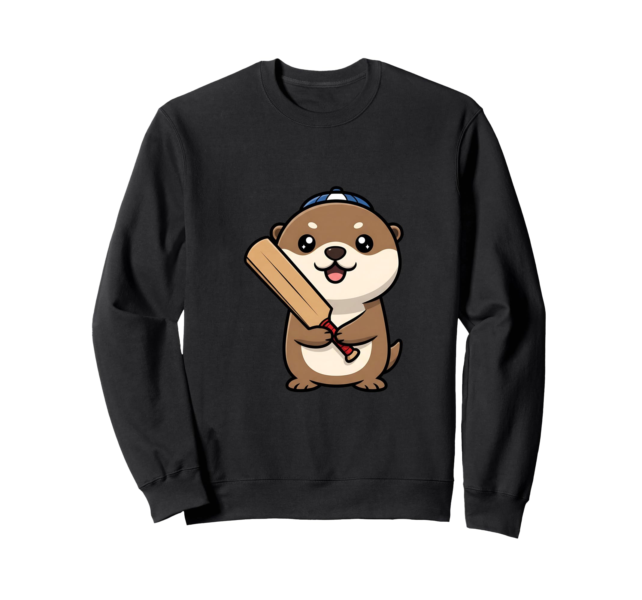 

Cute Otter Holding a Cricket Bat Cap, Cartoon Mascot, Kids Sweatshirt for Sports Fans
