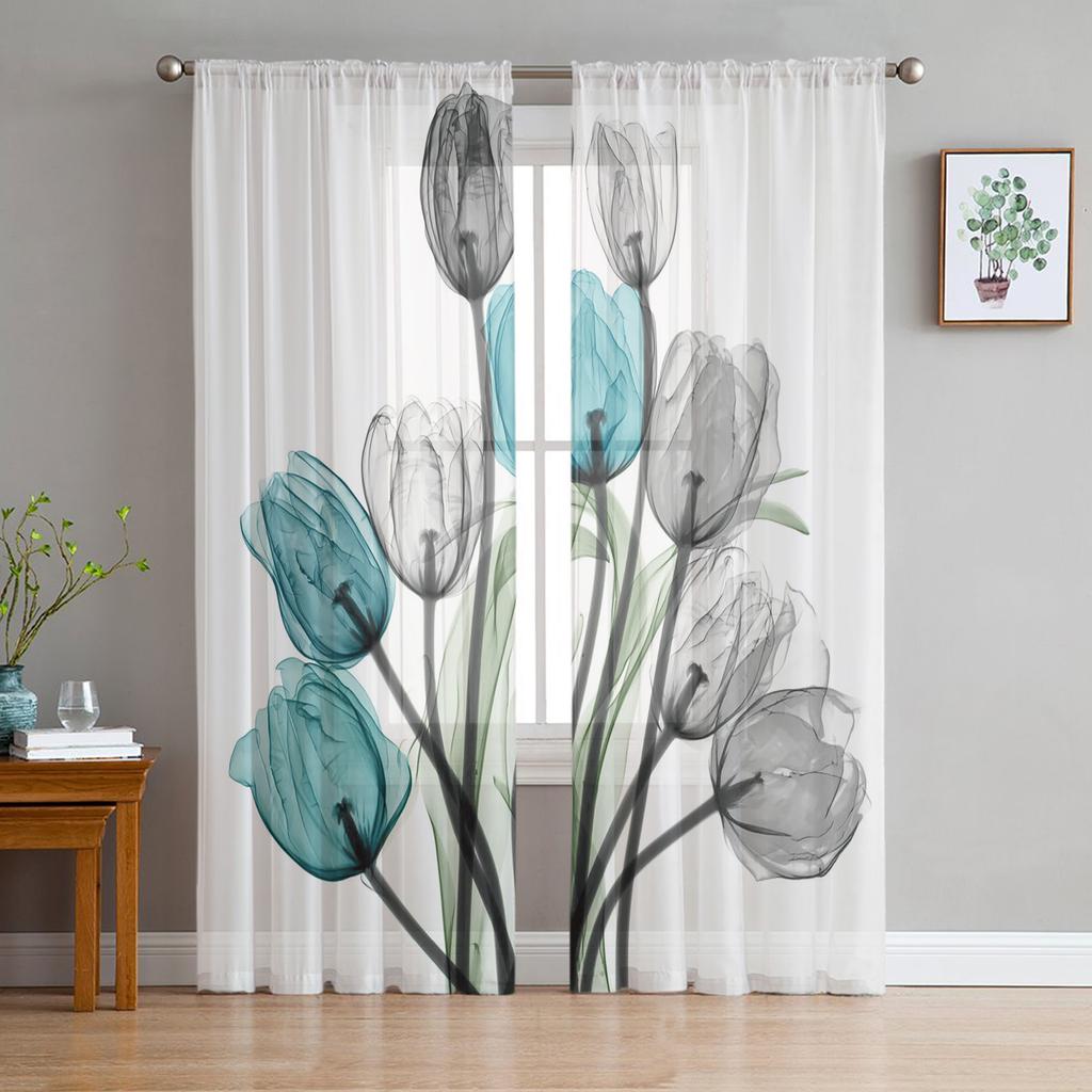 Flowers Bloom Turquoise Plants Roses Tulle Sheer Window Curtains for Living Room Kitchen Children Bedroom Voile Hanging Curtain