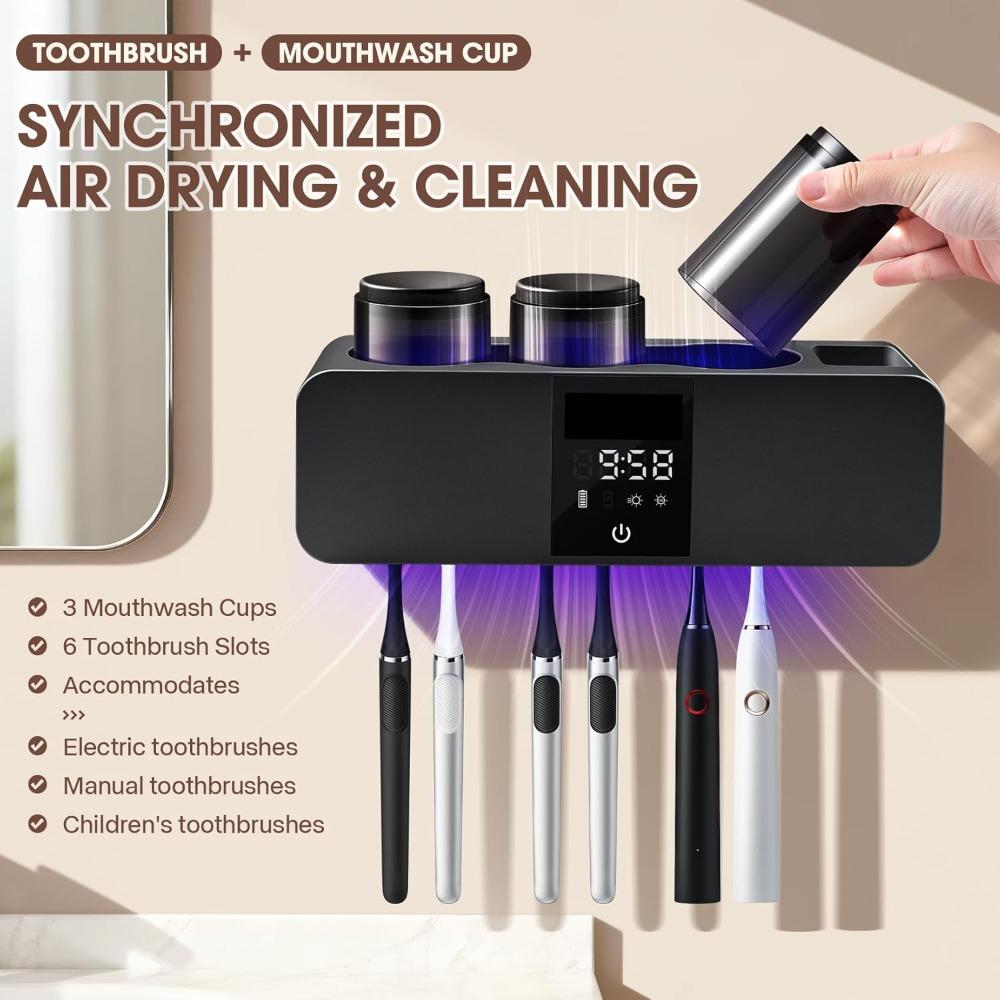 3-in-1 Toothbrush Cleaning Holder for Bathroom, Wall-mounted Toothbrush Holder with Drying and Cleaning Functions, Smart LED Screen