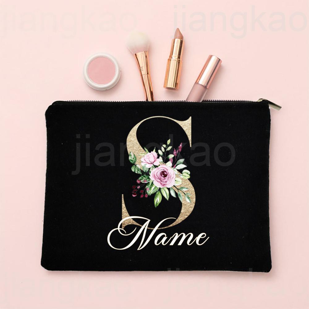 Personalised Letter with Name Makeup Bag Bridal Cosmetic Case Canvas Monogram Toiletry Bags Birthday Wedding Bridesmaid Gifts