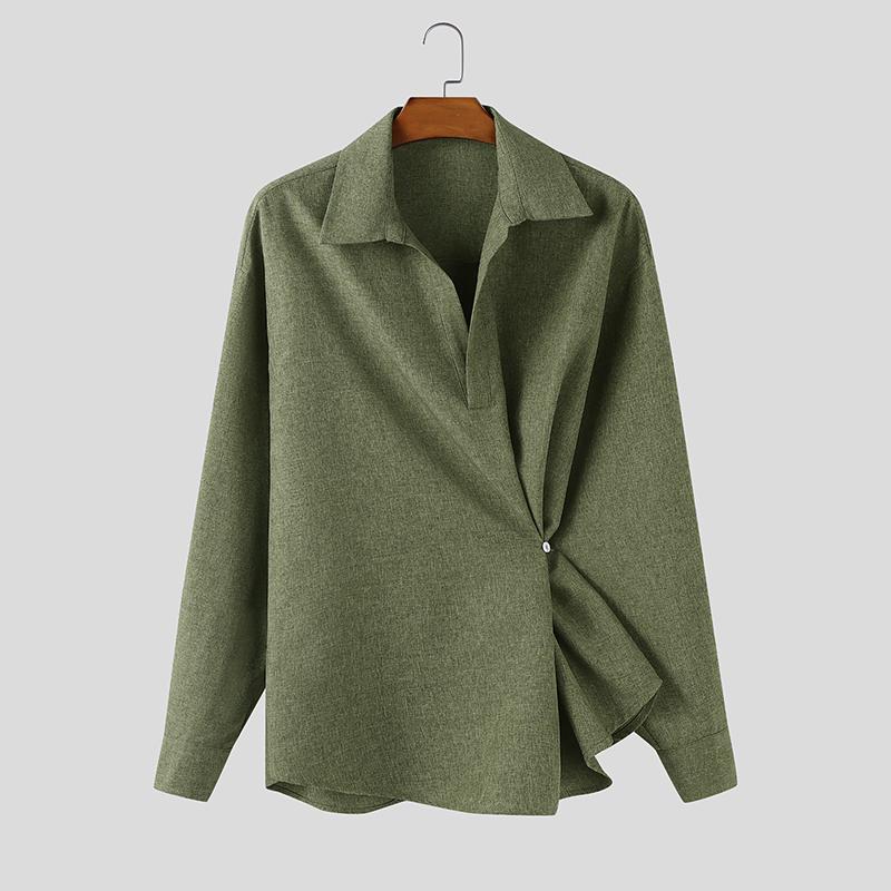 

INCERUN Мужские рубашки оверсайз с лацканами, длинными рукавами, боковой застежкой на пуговицы, нерегулярного кроя, в стиле кэжуал 5XL армия зеленый