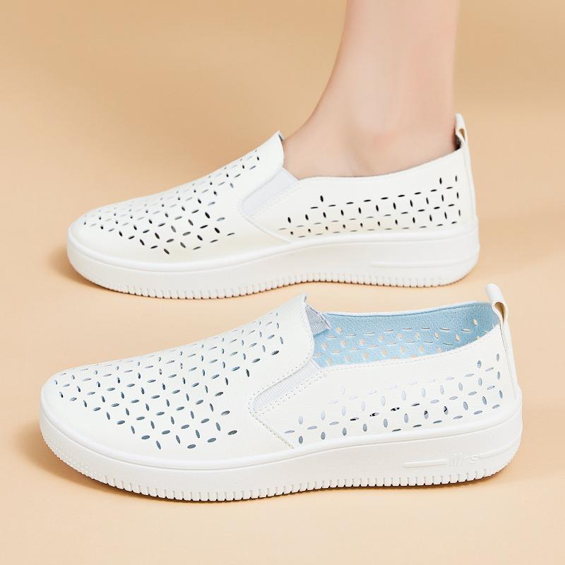 Hollow-out Women's Shoes, Breathable Perforated Thick-sole White Sneakers, Slip-on Lazy Soft-sole Casual Single Shoes.
