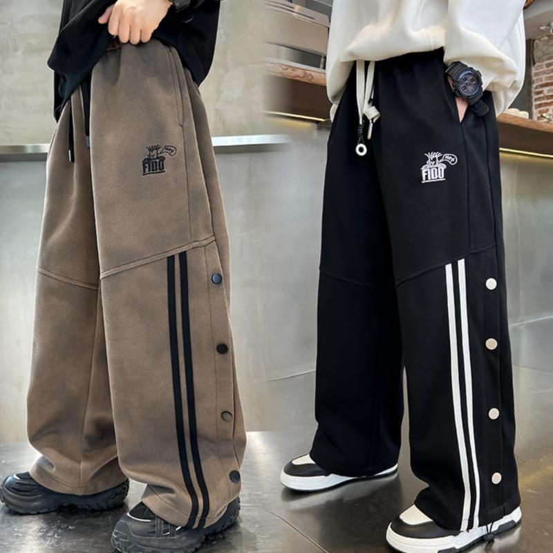 Shcool Boys Cool Pants with Side Stripe Child Fashion Brown Grey Sports Trackpants Spring Autumn Kids Trousers for Teenager